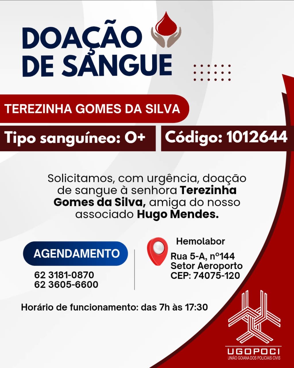 Solicitamos doação de sangue à Sra. Terezinha Gomes da Silva