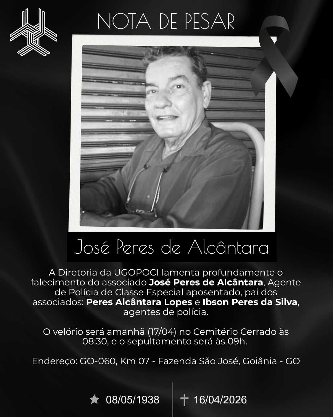 Diretoria da UGOPOCI lamenta o falecimento do associado José Peres de Alcântara