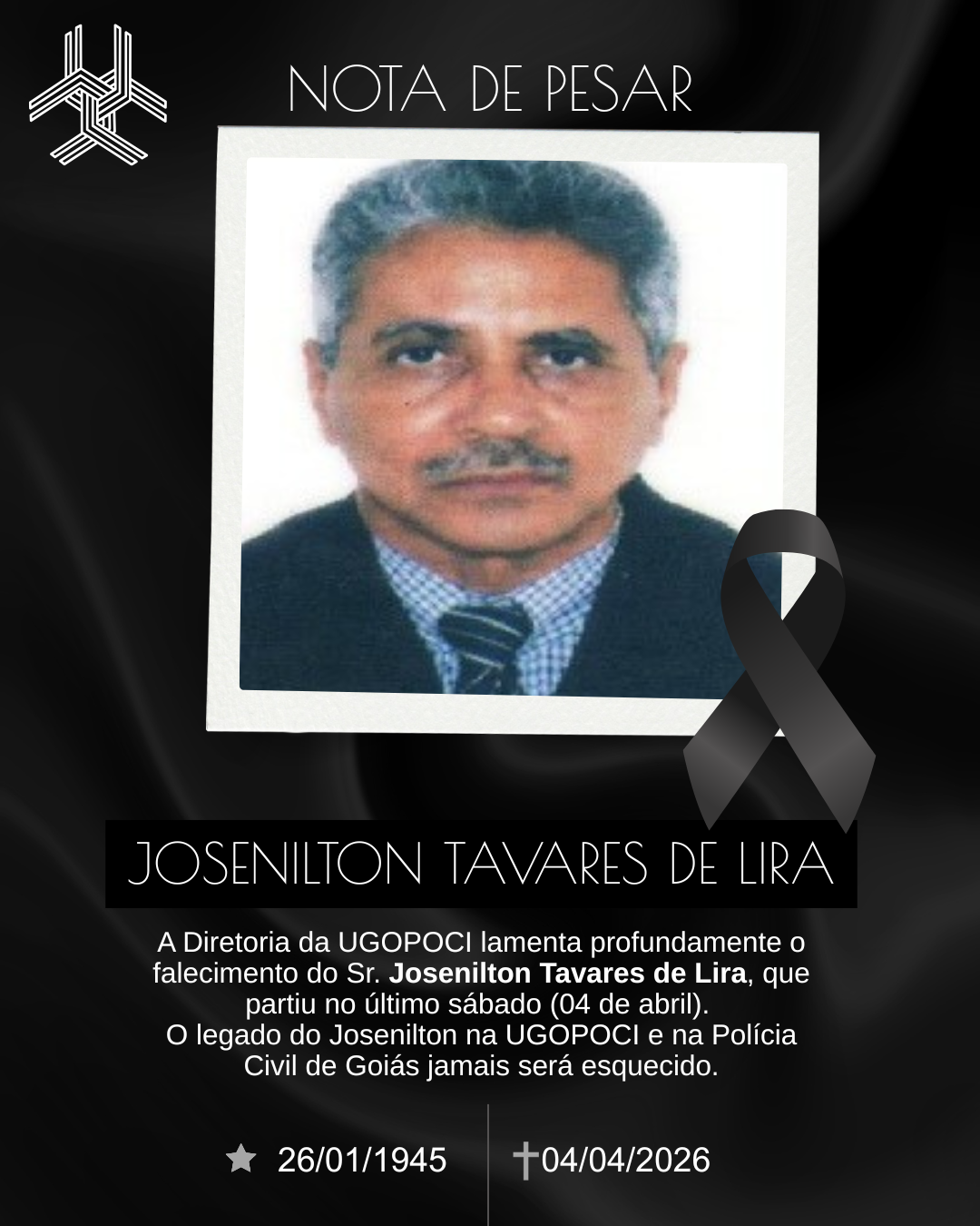 Diretoria da UGOPOCI lamenta o falecimento do Sr. Josenilton Tavares de Lira