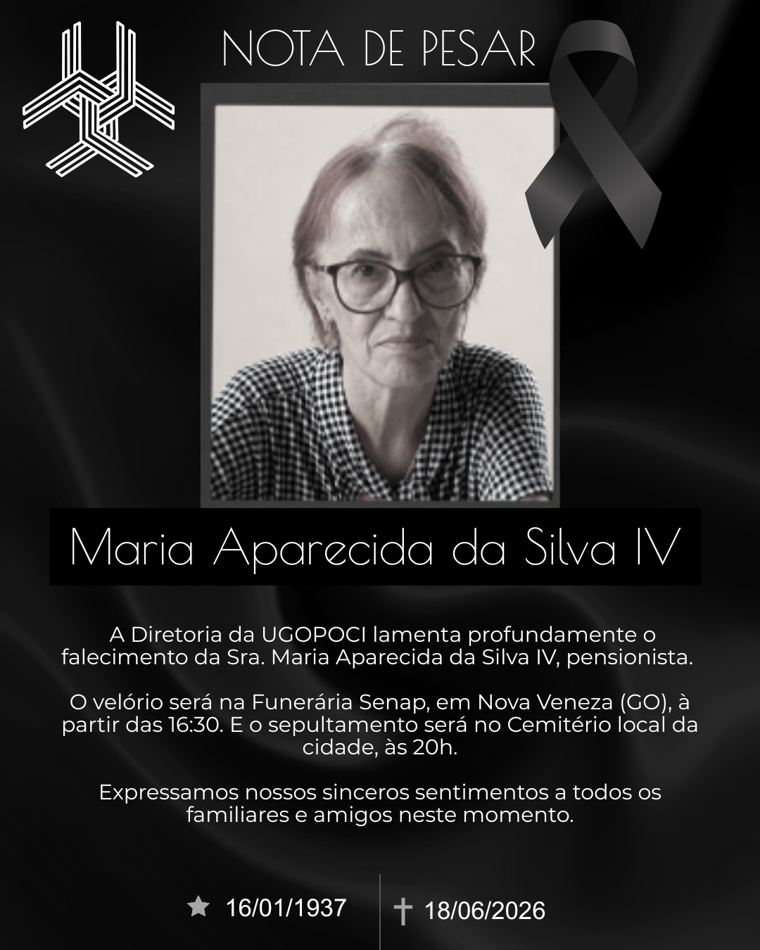 Diretoria da UGOPOCI lamenta falecimento da Sra. Maria Aparecida da Silva IV